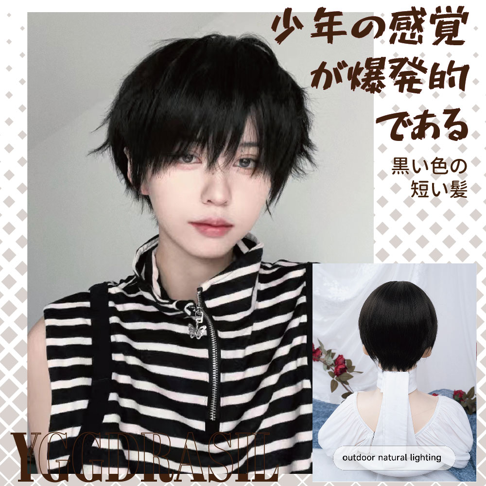 10Inch Black Color Teenage Feeling Handsome Synthetic Wigs With Bangs Short Straight Hair Wig For Men Women Daily Heat Resistant