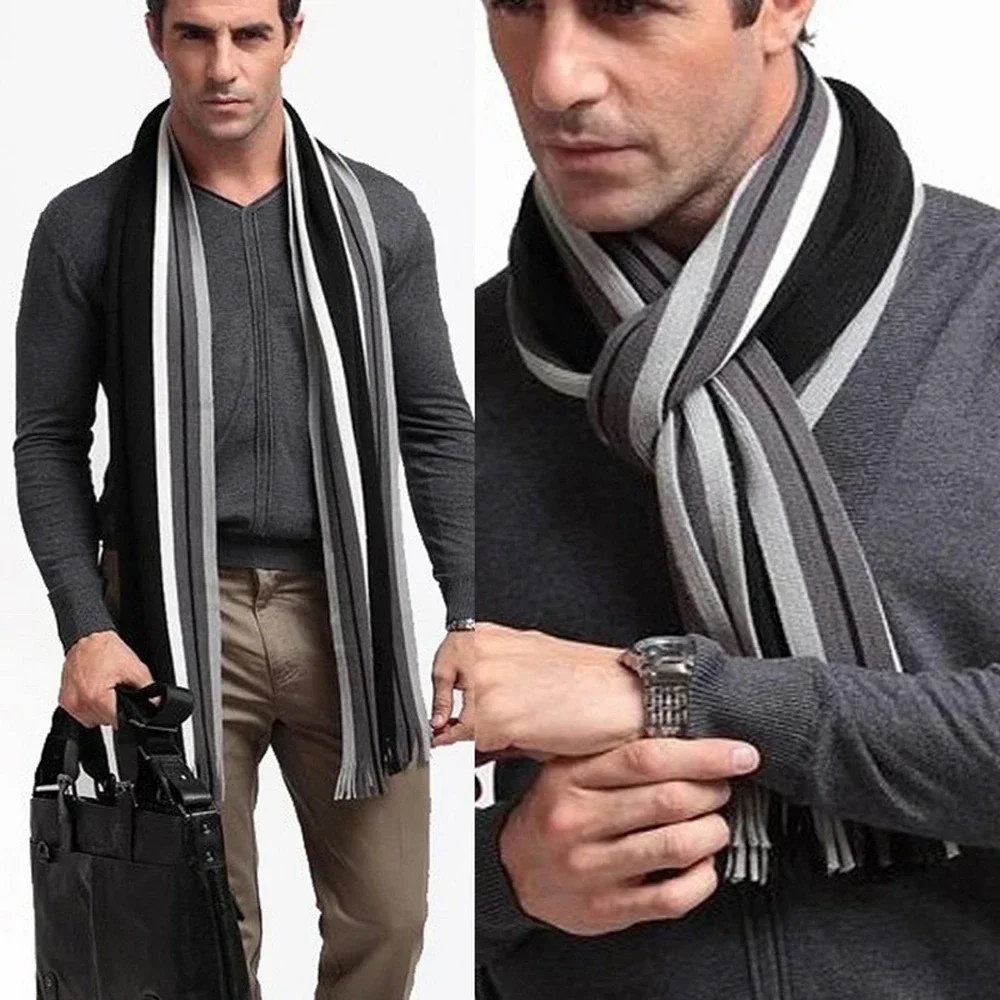 Clássico cachecol masculino inverno quente falso cashmere macio borla longo xale negócios casual listrado cachecol acessórios de roupas masculinas