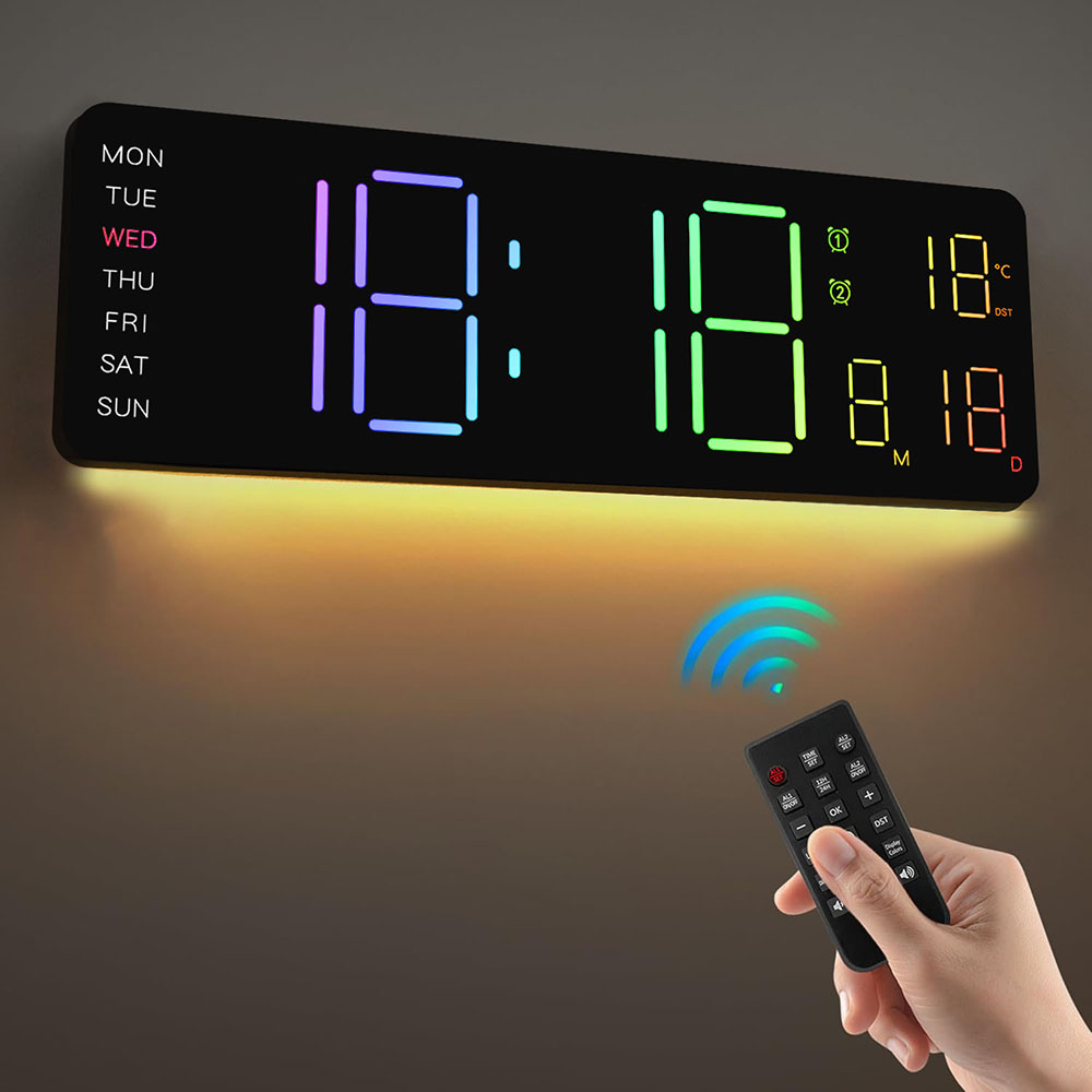 Jam Dinding LED Digital dengan Kalender Remote Control Suhu Lampu Malam Warna-warni untuk Ruang Tamu Kamar Tidur Kantor Rumah Pintar