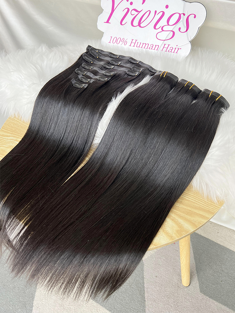 Yiwigs 12A ストレートシームレス PU 横糸クリップヘアエクステンション実体波 100% 本物の生人毛未処理 100 グラム 7 ピース/セット