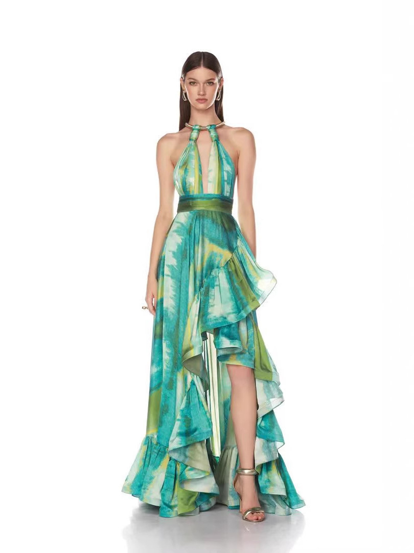 Robe verte à volants pour femmes, Sexy, col licou, teinture par nouage, Costume de fête d'anniversaire, Bar, discothèque, vêtements de spectacle sur scène, nouvelle collection 2025