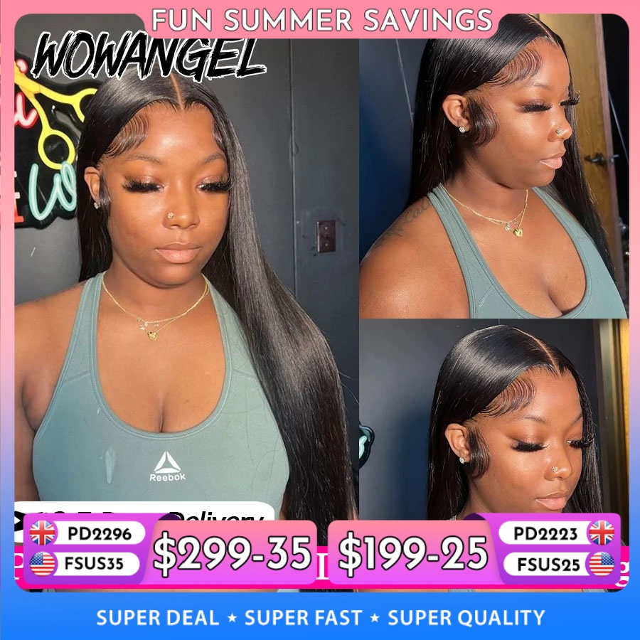 WowAngel 250% Pre Gebleekte 13x6 HD Lace Front Pruiken 34in Lijmloze Rechte Menselijk Haar Pruiken Pre geplukt Braziliaans Haar Voor Vrouwen