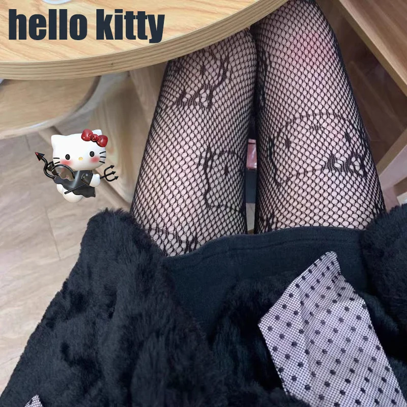 Olá kitty meias arrastão de seda preta anti gancho sexy meia-calça de fundo preto branco meias femininas finas