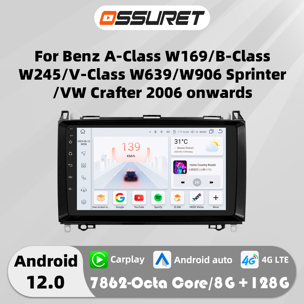 9 "Android 12 Auto Radio samochodowe Stereo dla Mercedes Benz W169 W245 W639 A B V Class W906 Sprinter multimedialny odtwarzacz wideo 4G Carplay
