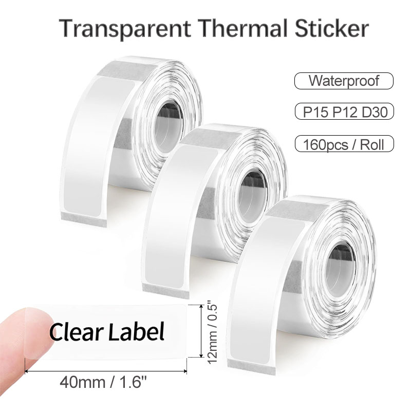 12x40mm Transparent Thermal Label Tape Roll Self-adhesive Waterproof Printable Name Sticker Paper Jar Cable Sort Tag For D30 P15