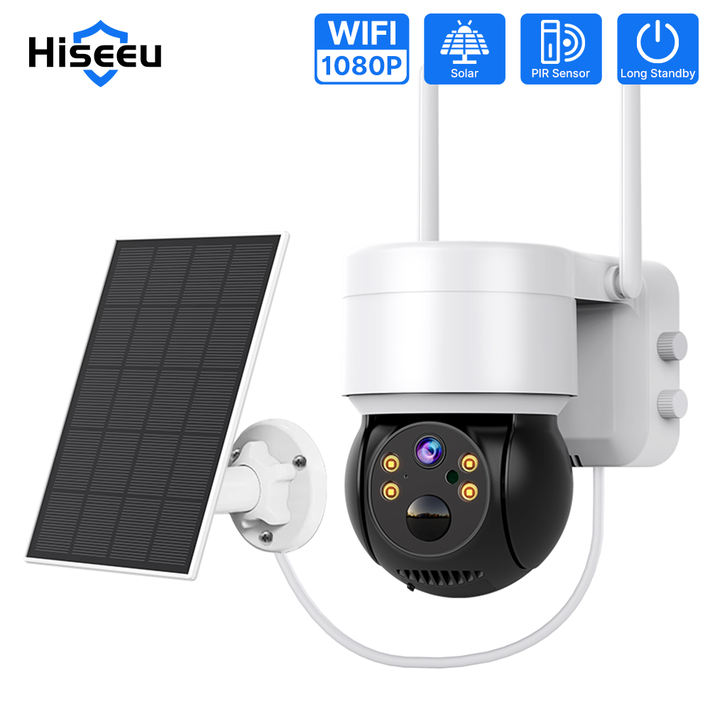Hiseeu Wifi Kamera mit Solar Panels Outdoor 5X Zoom 1080P PTZ IP Kamera PIR Bewegungserkennung Audio Video Überwachung Kamera