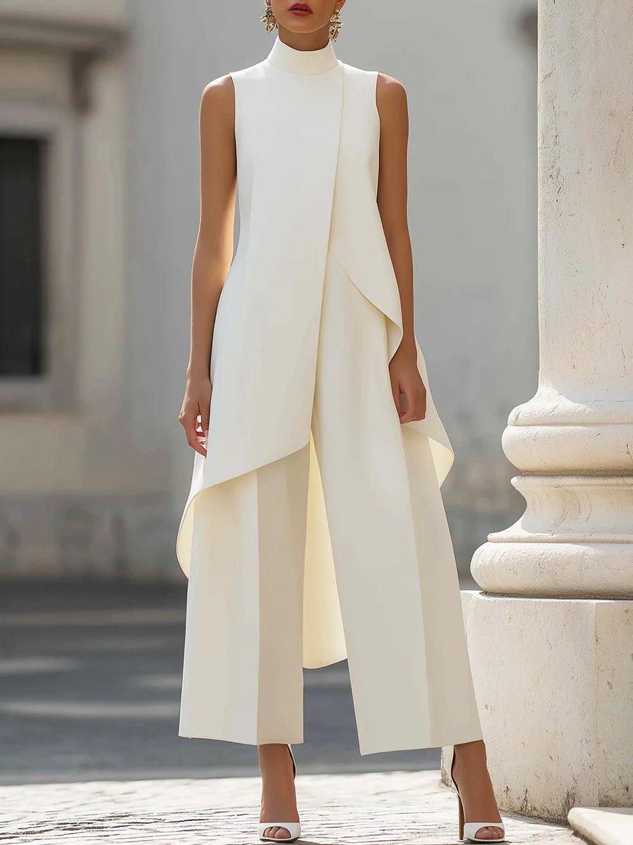 Mouwloze jumpsuit met hoge hals, asymmetrische gedrapeerde overlay, wijde pijpen, elegante formele avondkleding voor dames