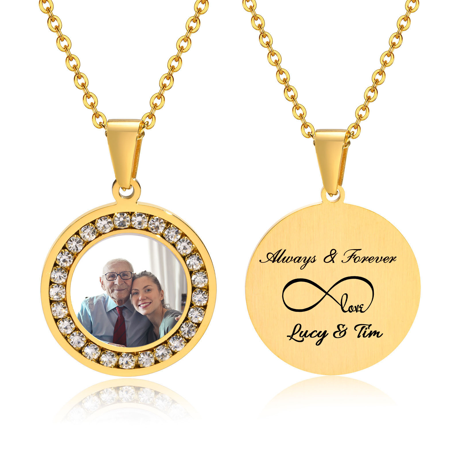 ภาพที่กําหนดเองภาพสร้อยคอจี้สําหรับผู้หญิงผู้ชาย,ส่วนบุคคลรอบCubic Zirconiaสร้อยคอโซ่สแตนเลสปรับ