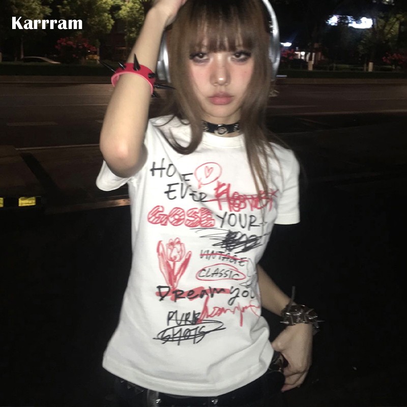 Karrram Japanese Y2k T-shirt Aesthetics 2000s Graffiti Tops Harajuku Graphic Print Short Sleeve Tshirt E-girls Goth Tees Grunge