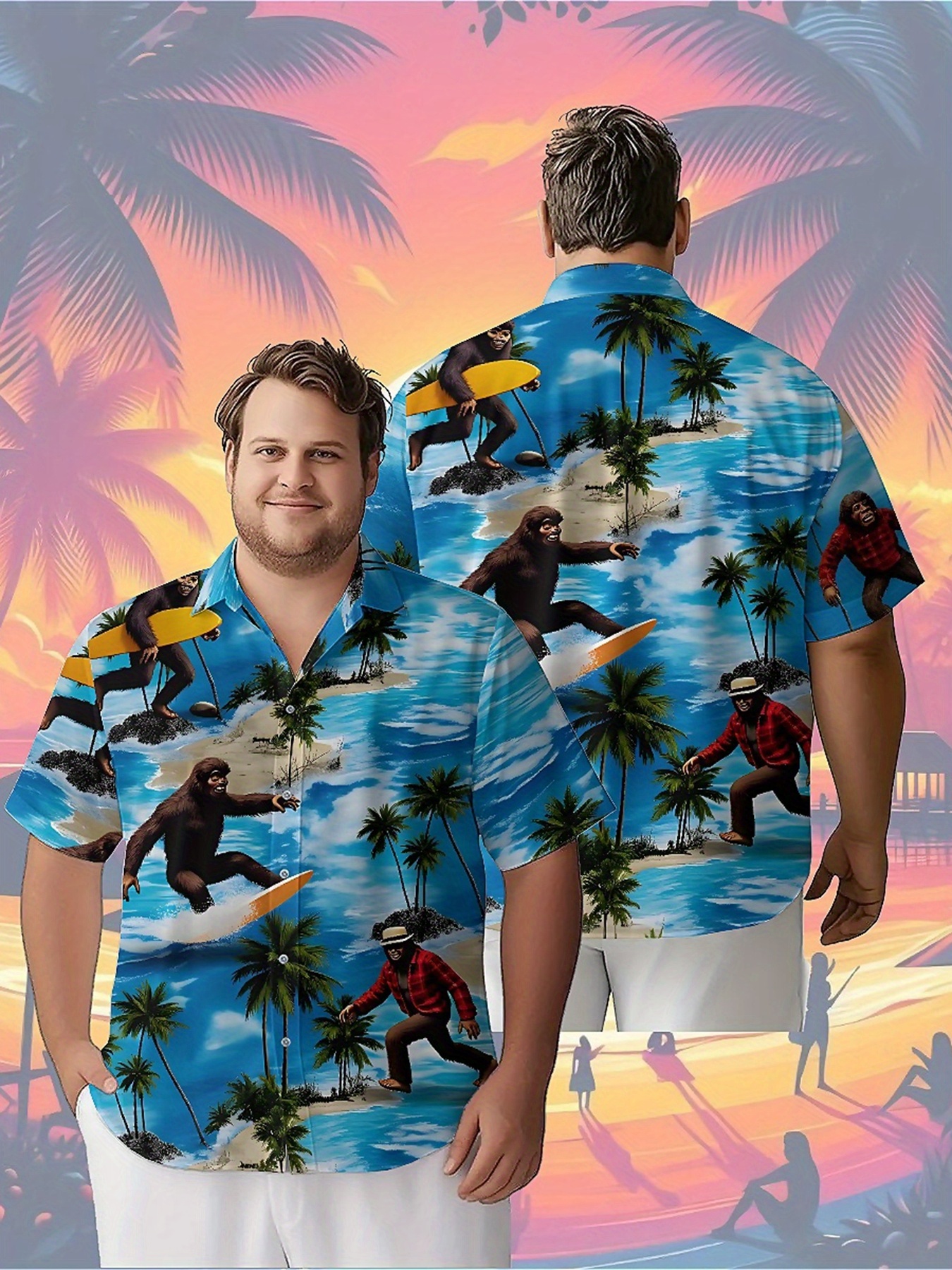 ชายเสื้อฮาวายขนาดบวก Tropical Surfing Gorilla รูปแบบ,Premium Comfort เสื้อผ้าเยาวชน,Streetwear Y2K Tops