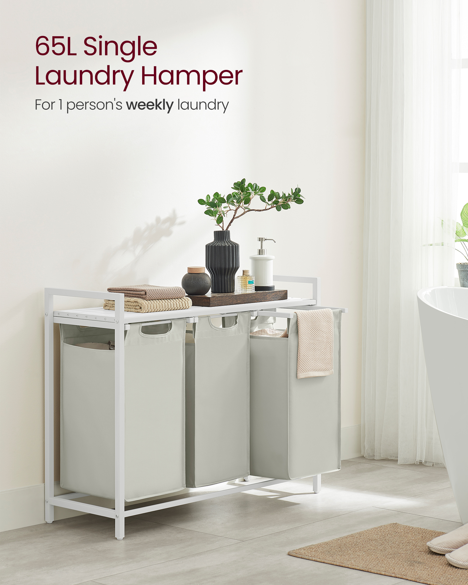 VASAGLE Laundry Basket, 3-Compartment Laundry Hamper, Pull-Out and Removable Laundry Bags, Laundry Sorter, Shelf, Metal Frame