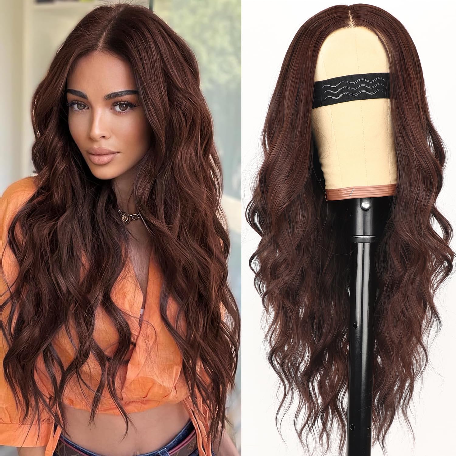 Peluca Marrón Rojiza para Mujer, Larga y Ondulada con Línea de Cabello de Encaje y Parte Media, Sintética y Resistente al Calor para Uso Diario y Fiestas - 26 Pulgadas