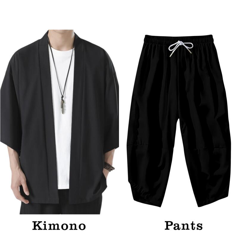 夏日本の着物カーディガン黒セット男性特大 3XL 7 スリーブオープンフロントシャツとラウンジ巾着クロップドパンツ