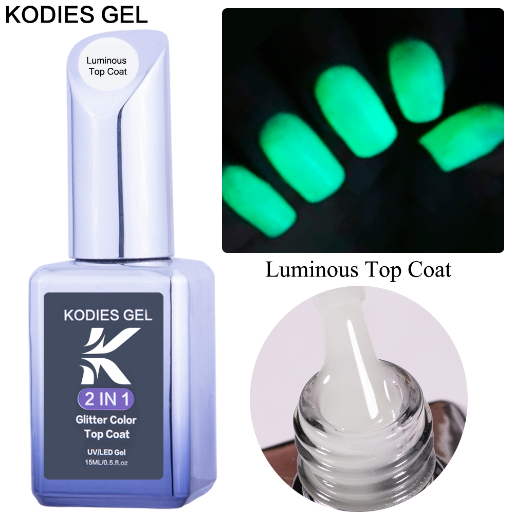 KODIES GEL Baru Mantel Atas Bersinar Dalam Gelap 15ML UV Gel Cat Kuku Mantel Berkilau Tidak Lengket Berlian Mengkilap Bersinar Pernis Hibrida