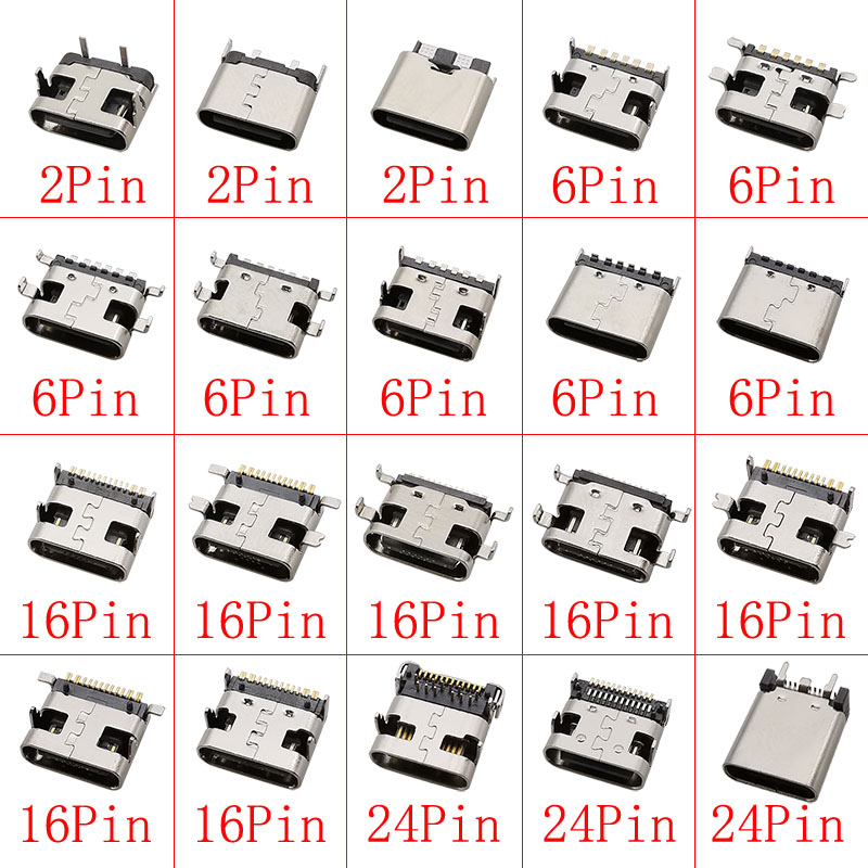 10Pcs USB Type C 2/6/16/24 Pin Connector Female Jack Charging Port SMD SMT PCB Solder DIY Repair USB-C Type-C Socket Connectors