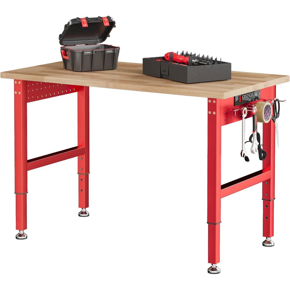 Red Adjustable Heavy Duty Workbench with 4 AC Outlet and 2 USB Ports Power Outlets, 2000 Lbs acity, Rubber Wood Top or Garage, W