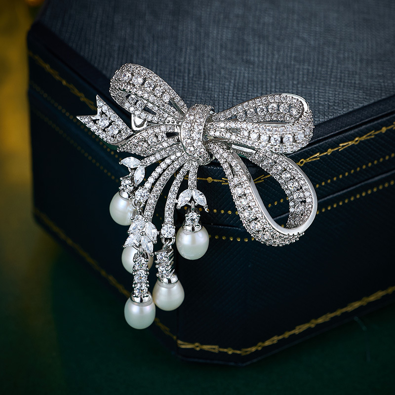 Luxury Freshwater Pearl Bow Brooches Deliicate Zircon Bowknot Corsage for Women's Broche Decorativo De Ropa Accessories