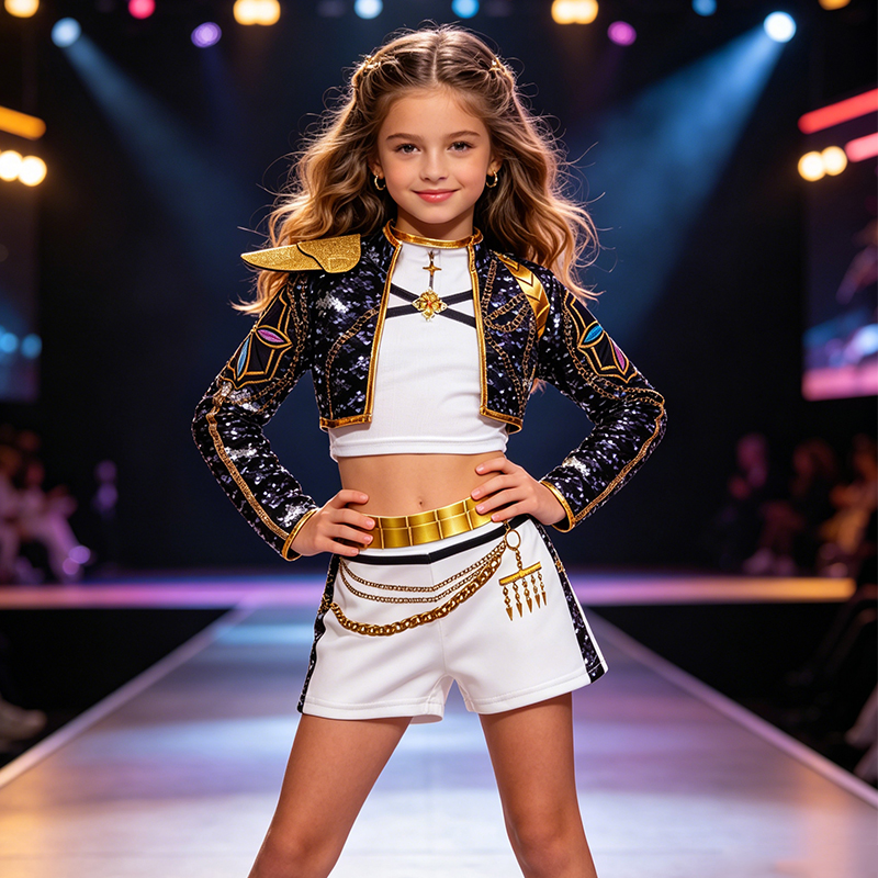 Conjunto de chaqueta y pantalones cortos con lentejuelas doradas para niños, traje de Cosplay para niñas, para espectáculo en escenario, fiesta de cumpleaños, disfraz de carnaval de Halloween