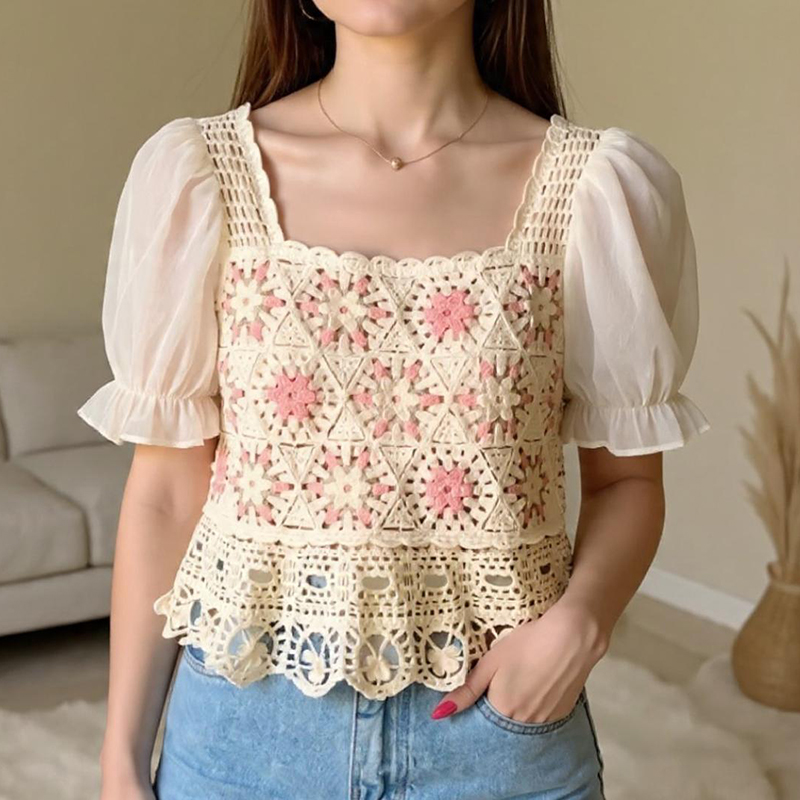 Gehaakt Granny Square topje met mesh mouwen, uitgeholde kant blouse, open steek, dames Cottagecore Boho lente zomer 2026