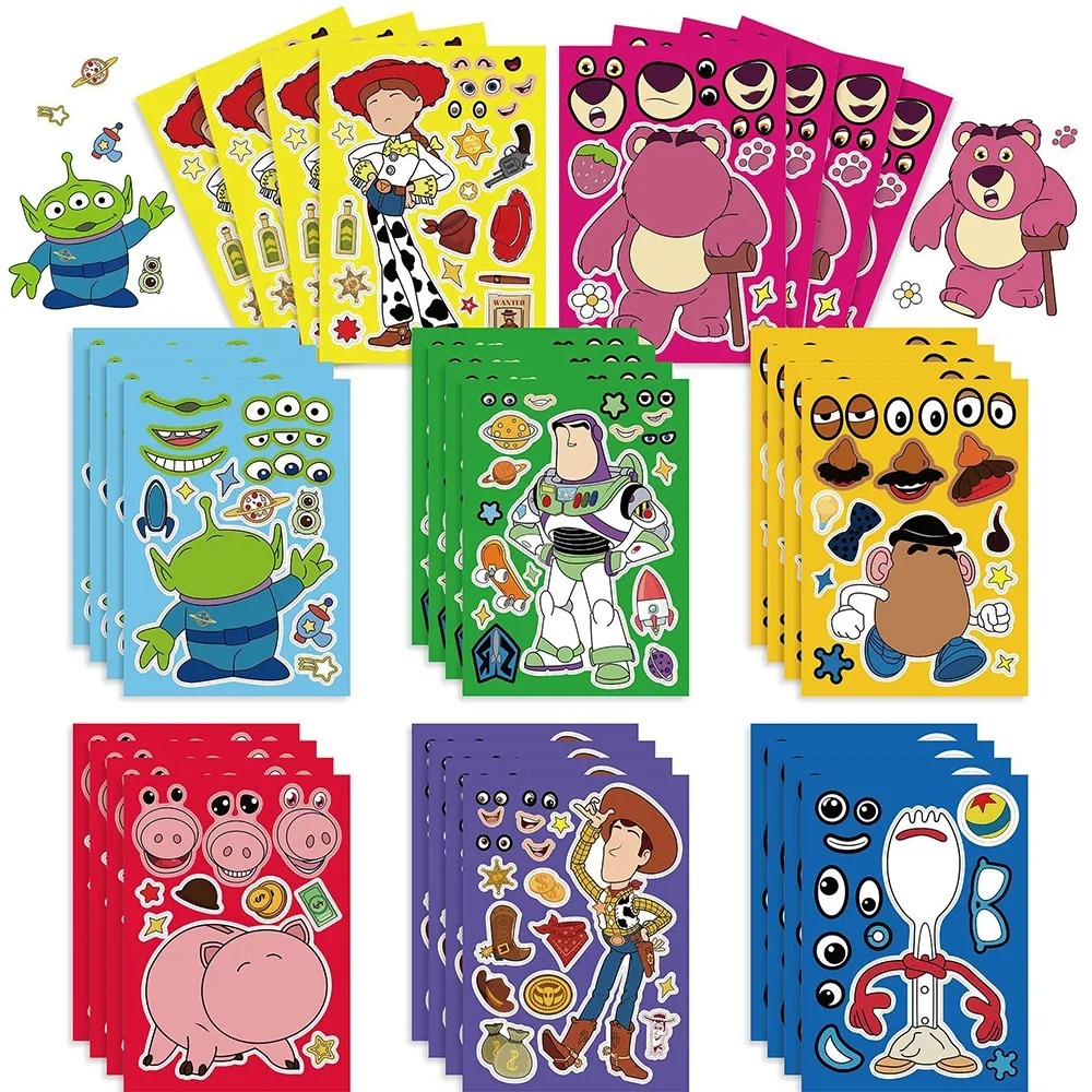 16Sheets Disney Toy Story Puzzle Stickers Game Make a Face Children DIY Toys Secret for Bottle Travel Bag Aesthetic Decals