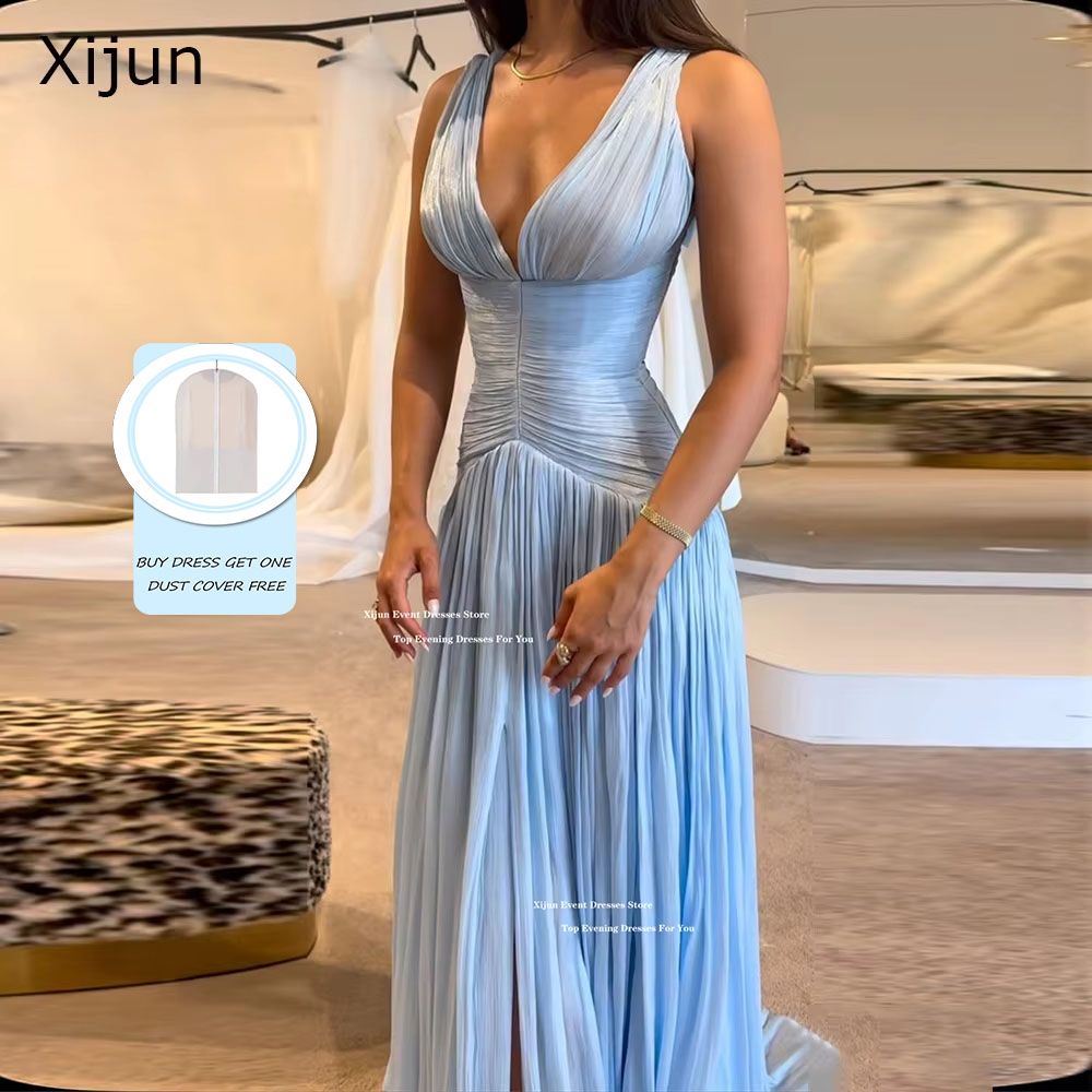 Xijun-vestidos de noche largos de satén de seda azul, sexys, con cuello en V, sin mangas, para graduación, Arabia Saudita, ocasión Formal, personalizados