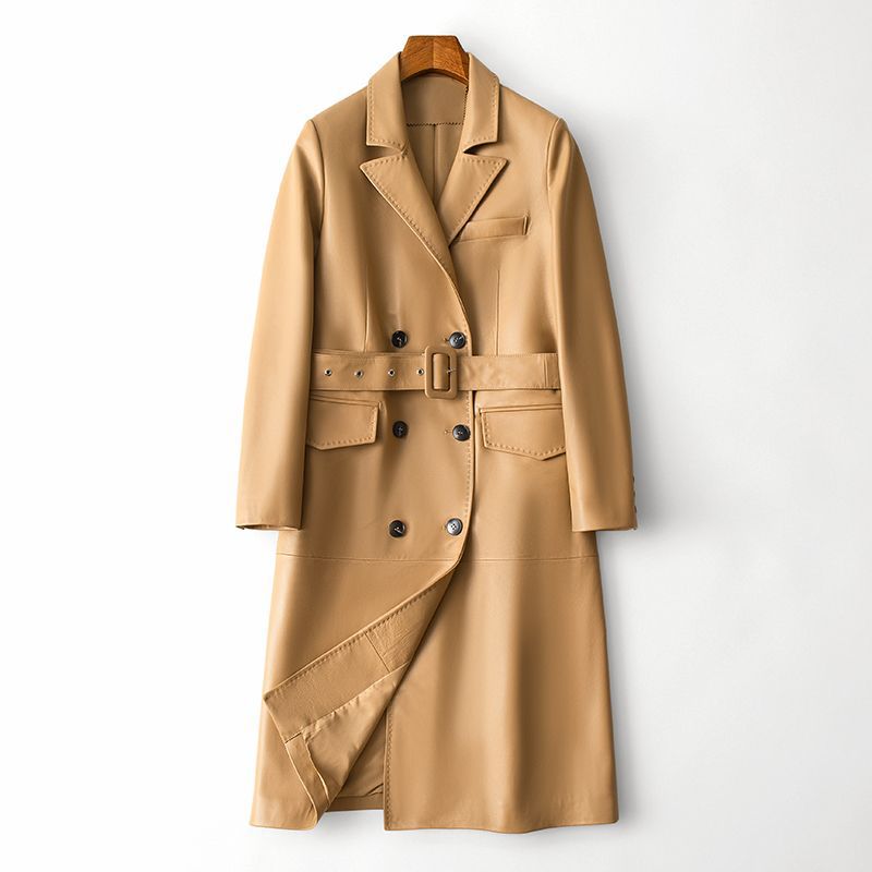 2025, Frühlings-Trenchcoat aus echtem Leder für Damen, lässiger Schnürgürtel, klassischer zweireihiger, hochwertiger Schaffell-Outwear für Damen