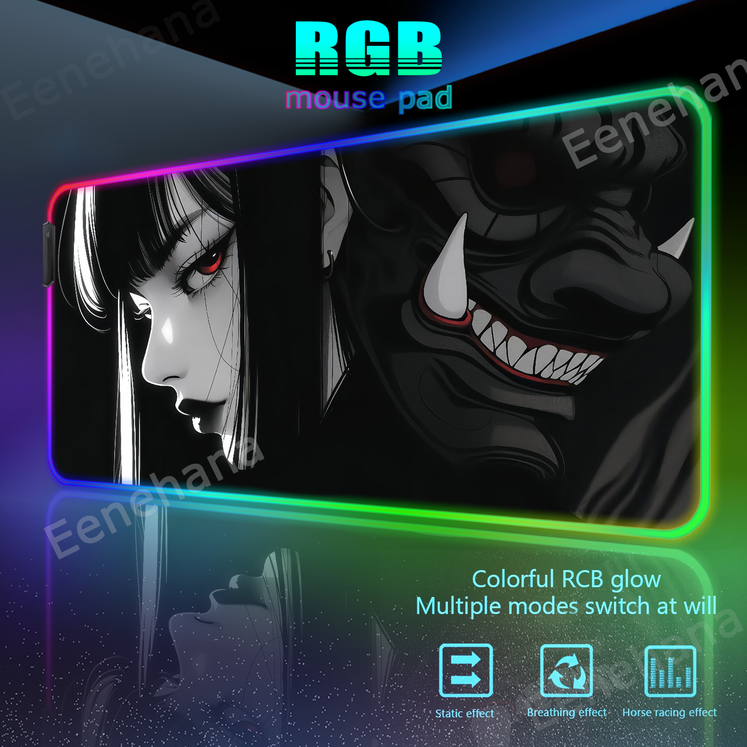 RGB Devil Mask Rubber Mousepad Demon Anime Girl Office HD Print Desk Mat Gaming RGB Gamer Locking Edge Computer Luminescence Pad