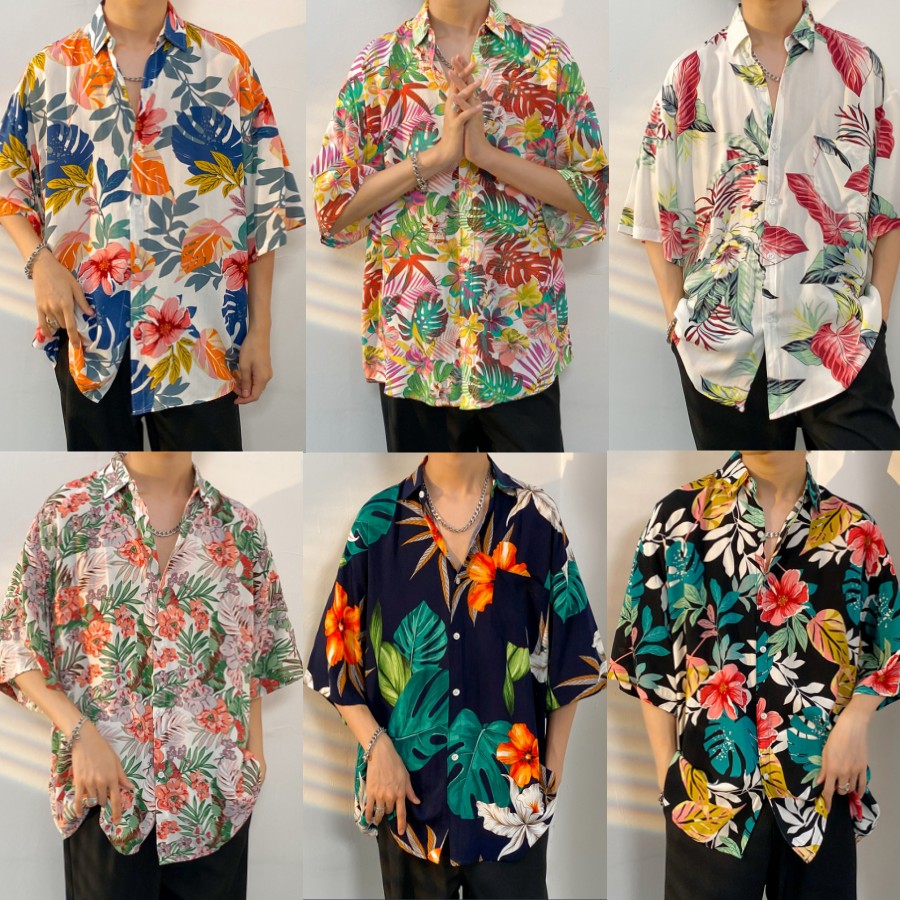 【26 Colors】 Hawaiian Beach Shirt-Animal Print 3/4 Sleeve-Cotton- Men's and Women's Seaside Tour Casual Vacation Flower Shirt