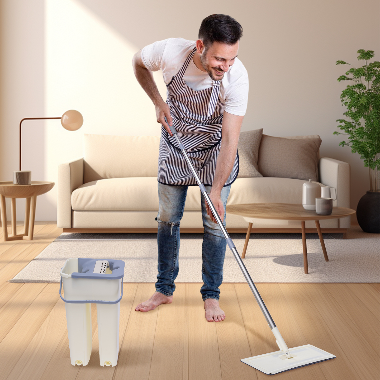 Juego de fregona con cubo para suelo, Fregona seca y húmeda, paño de limpieza con 10 almohadillas de microfibra, 360