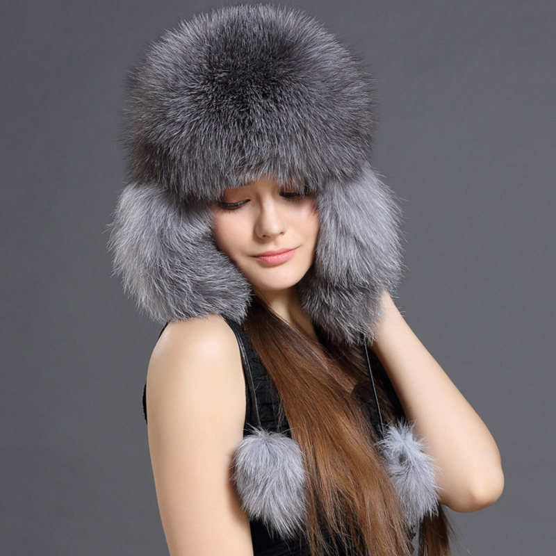 Czapka z prawdziwego futra lisa dla kobiet Moda zimowa Ciepłe czapki Lei Feng Russians Outdoor Czapki narciarskie Naturalne futro Czapka futrzana z grubego futra