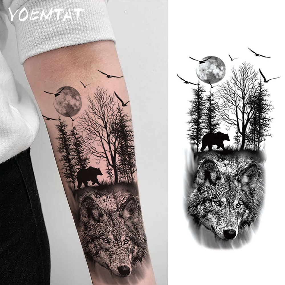 Tatuagem adesiva temporária à prova d'água, animal realista, floresta, lobo, urso, pássaro, lua, arte corporal, braço, tatuagens falsas, manga, mulheres, homens, perna