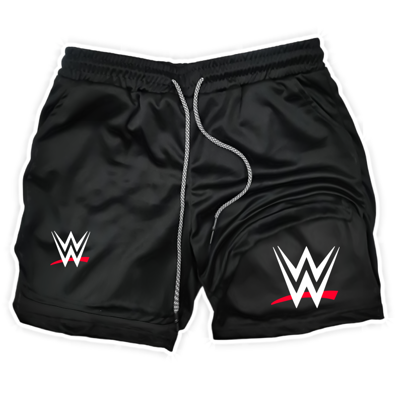 Новинка 2023 года, мужские шорты для бега 2-в-1 с принтом американского логотипа WWE, шорты для фитнеса и выступлений с карманом для телефона, кольцо для полотенец, спортивные