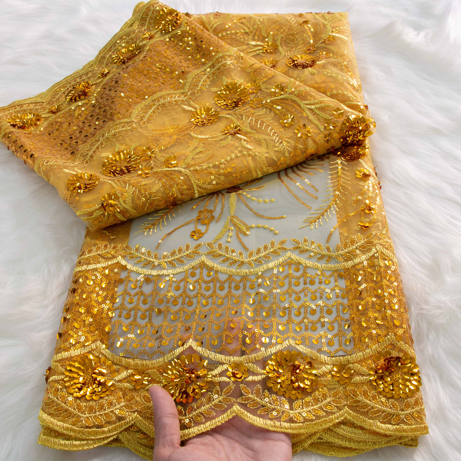 Gold French Embroidered Mesh Lace Fabric High Quality 5 Yards Sequined African Tulle Lace Fabric Elegant Dress for Women Sewing