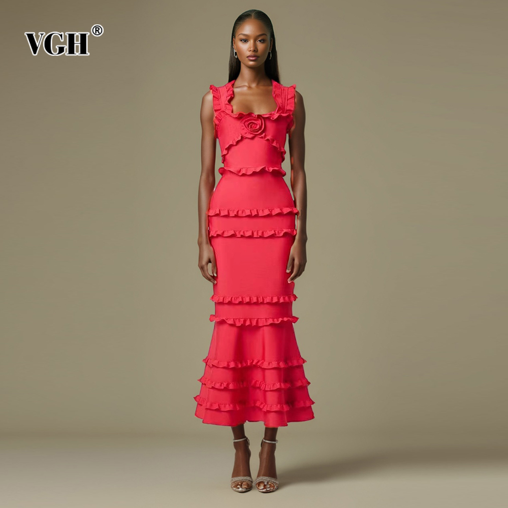 VGH Vintage sólido adelgazante empalmado apliques vestidos para mujeres cuello cuadrado sin mangas cintura alta vestido elegante moda femenina nuevo