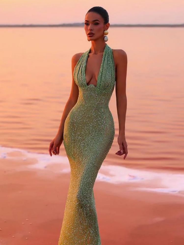 Vestido largo sexi con lentejuelas y cuello en V profundo para mujer, vestido verde sin mangas con espalda descubierta y lentejuelas, vestidos largos ajustados para fiesta de celebridades