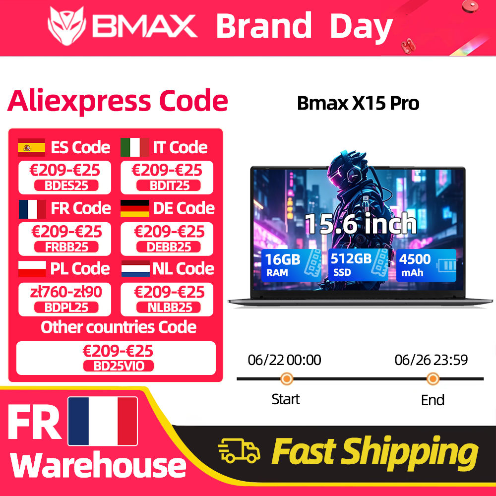 Ordinateur portable Bmax X15 Pro 15,6'' IPS Intel 12e génération N100 16 Go de RAM DDR4 512 Go de SSD Windows 11 Clavier numérique HDMI Wifi USB PC