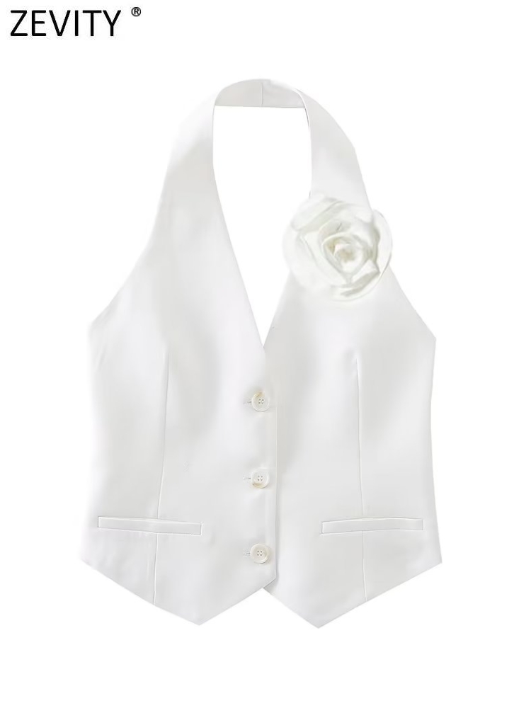 Zevity Frauen Mode Einreiher Blume Design Weiß Halter Weste Jacke Büro Damen Ärmel Crop Weste Tops CT4438