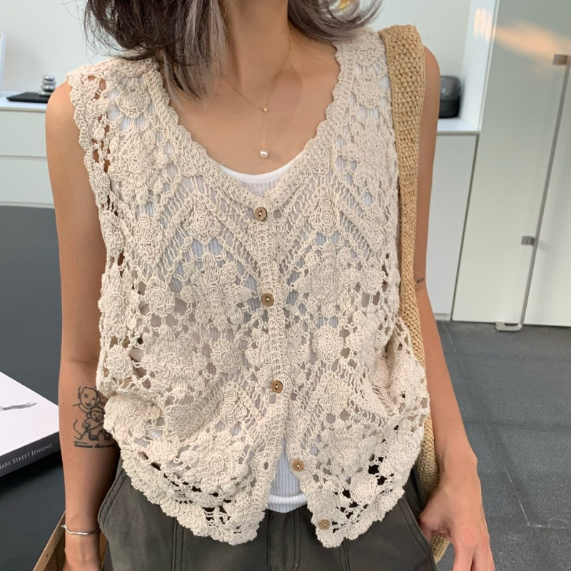 Gilet Ricamato Floreale all'Uncinetto da Donna, Cardigan Senza Maniche Traforato, Outfit Estivo Boho per Festival