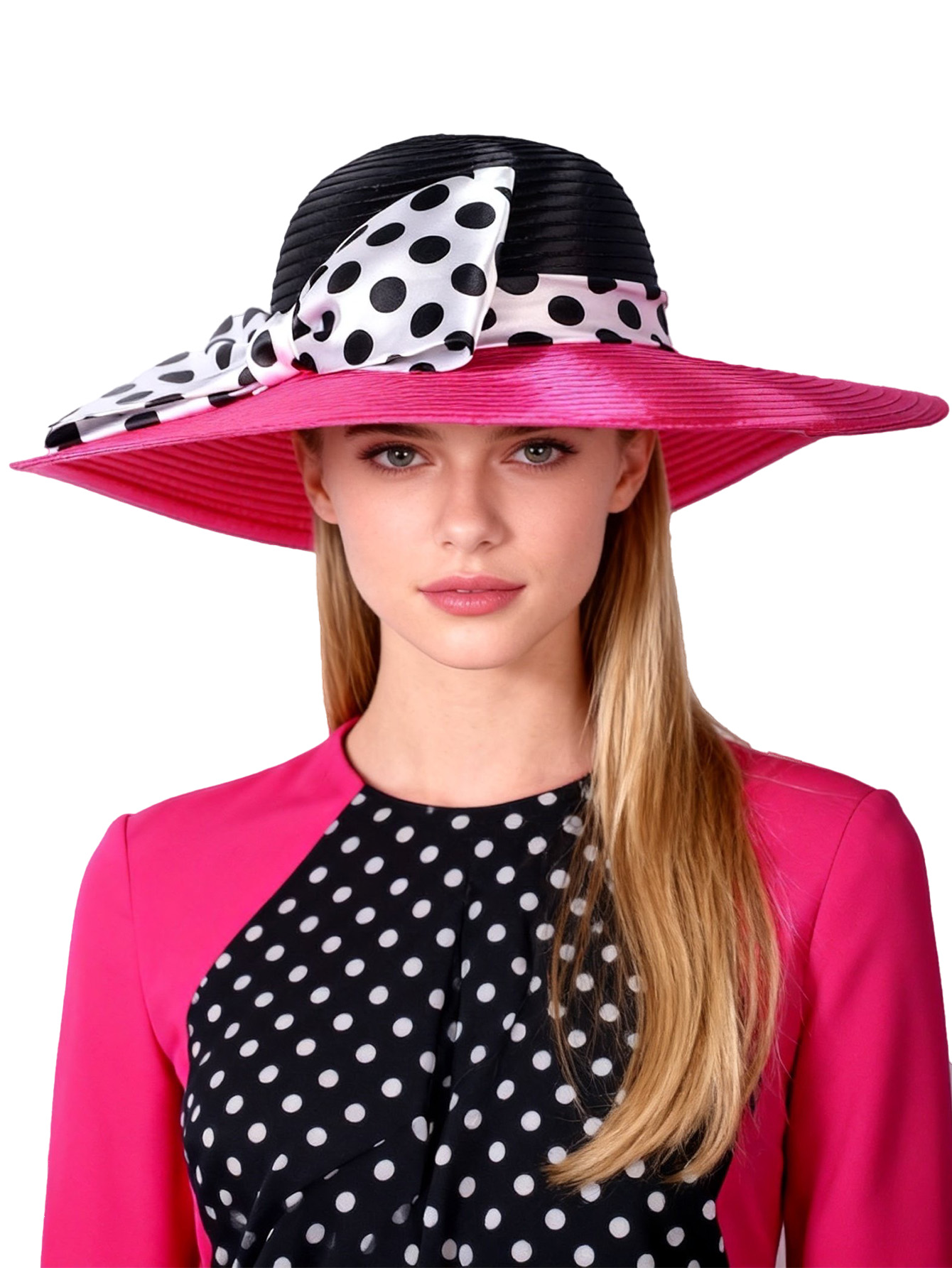 FS Elegant ผู้หญิงกว้าง Brim Rose สีดํา Patchwork Polka Dots Kentucky หมวกสําหรับงานแต่งงานหมวก Big Bowknot Fedora Beach หมวก