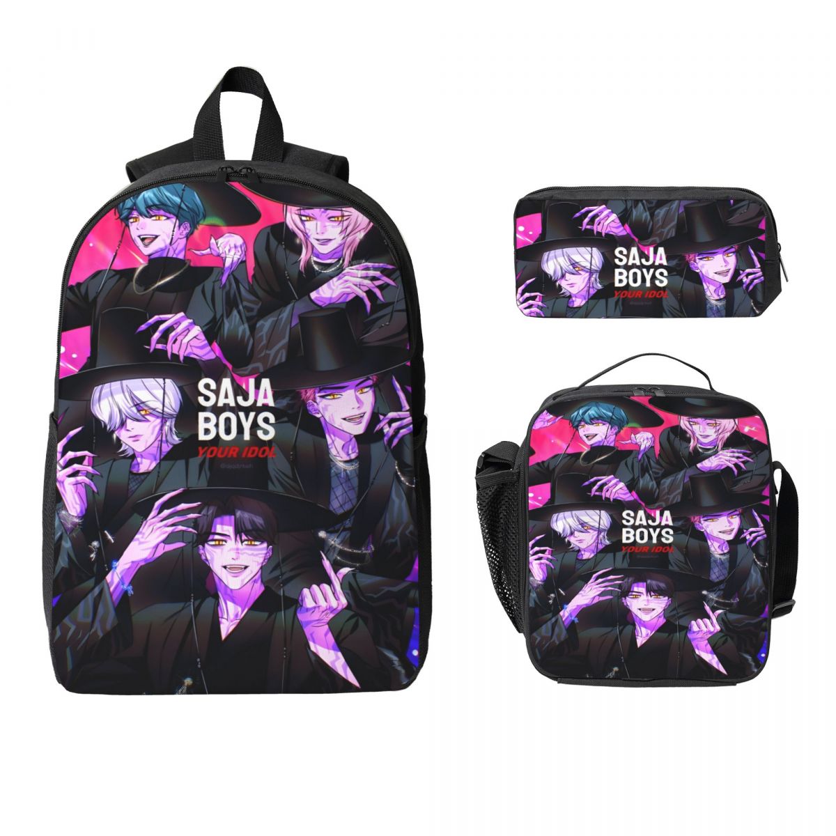 K-pop Demon Hunters Saja-Conjunto de mochilas escolares para niños, cajas de lápices, mochilas con fiambrera para estudiantes de escuela