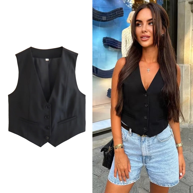 HXAO mode gilets sans manches pour femmes boutonné blanc haut court bureau gilet décontracté veste femme été costume noir gilet haut