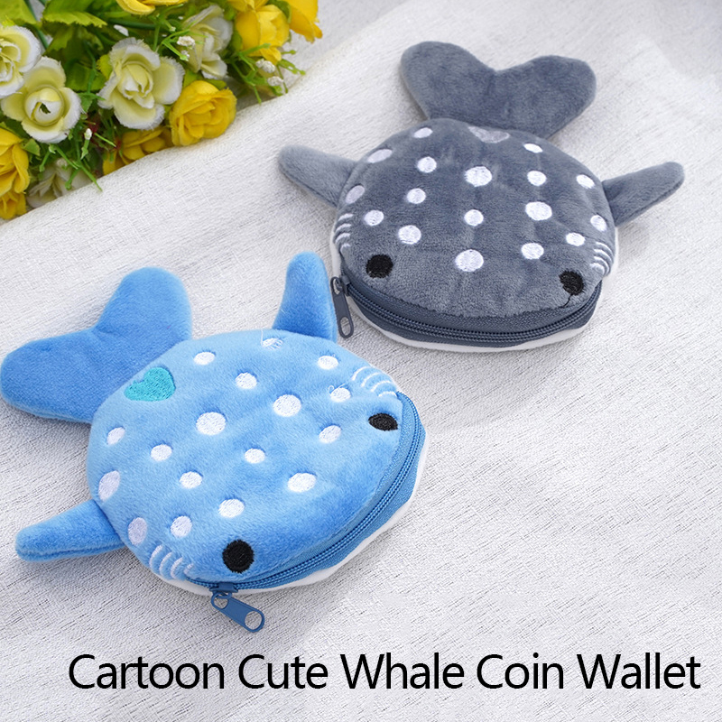 Dessin animé mignon baleine requin porte-monnaie Kawaii portefeuille Portable en peluche sac à monnaie clé écouteur pièce de monnaie pochette de rangement sac à fermeture éclair enfants cadeau