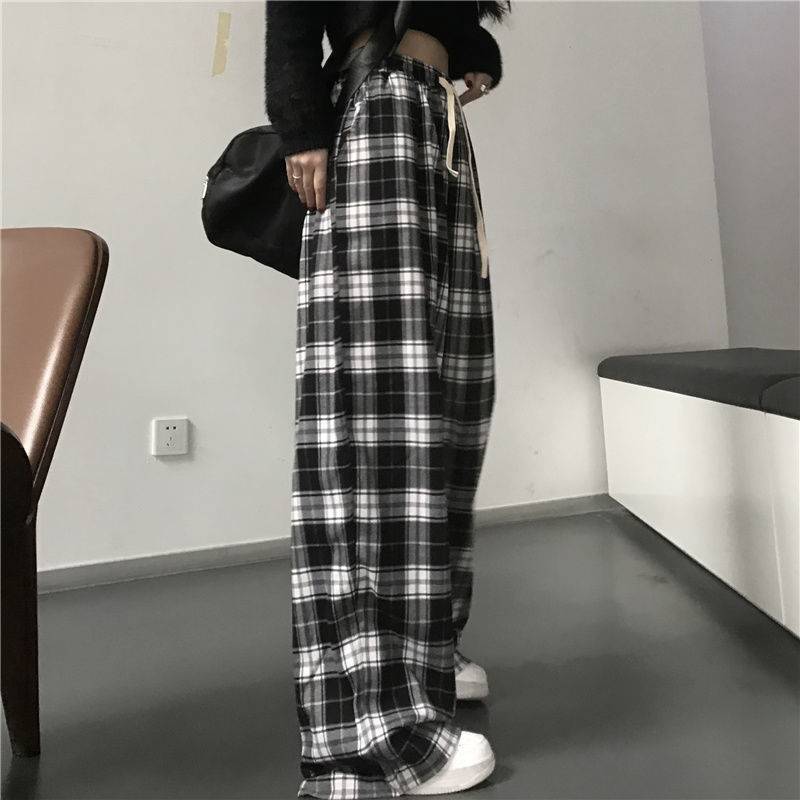 Sommer Schwarz und Weiß Plaid Oversize Frauen Casual Lose Breite Bein Hosen Ins Retro Teen Gerade Hosen Hiphop Streetwear