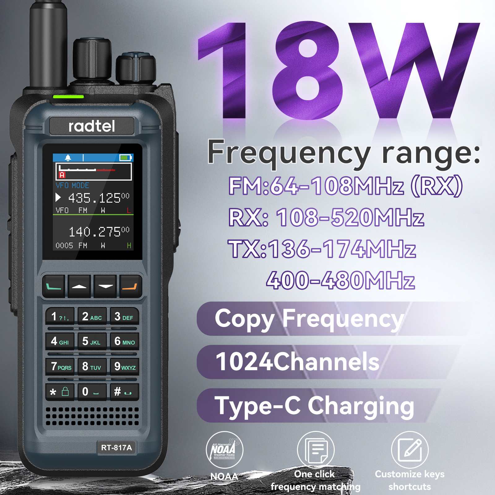 Das 18-W-Langstrecken-Walkie-Talkie Radtel RT-817A verfügt über 18 W Hochleistung, AM FM, 1024CH, NOAA, DTMF, Typ-C-Anschluss und Amateurfunk mit großer Reichweite