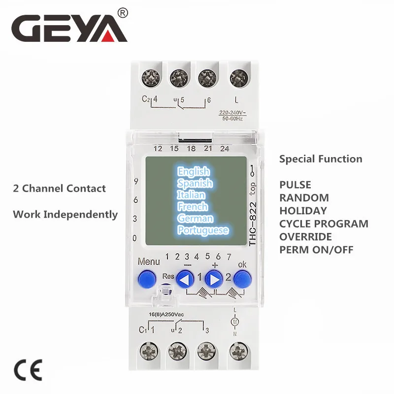 GEYA THC-822 Temporizador programável conversível 2 canais Contatos de comutação Interruptor temporizador digital com bateria 16A 220V 110V
