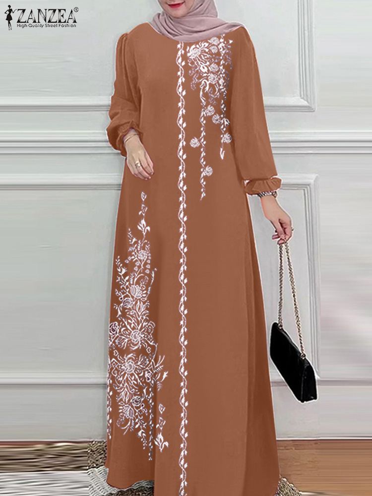 ZANZEA mujeres Vintage manga larga Abaya estampado Floral musulmán Maxi Vestido de moda Vestido de verano bata mujer Marocain Dubai Turquía Vestido