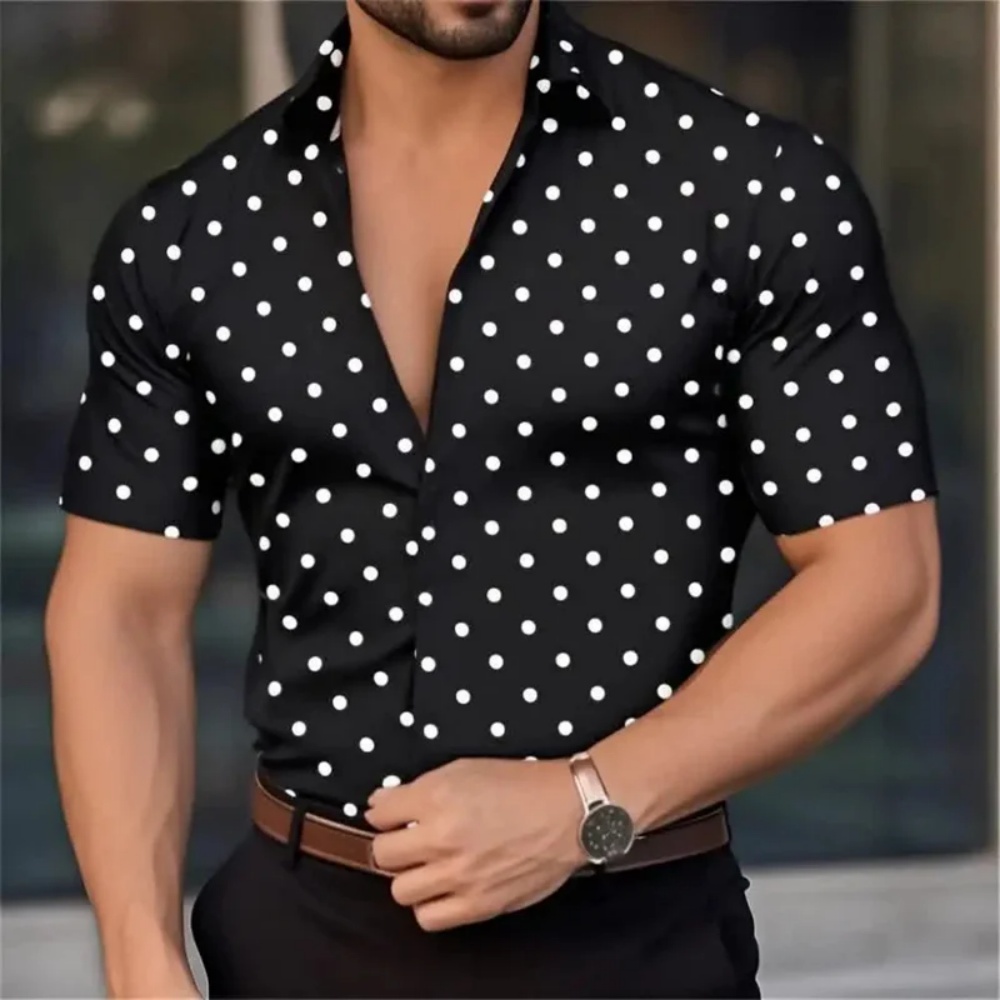 Camisa Masculina de Manga Curta com Botões, Estampa de Bolinhas, Design Moderno, Casual, Leve, Respirável e Confortável para Uso Externo
