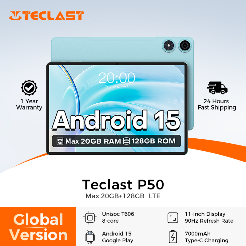 Tablette Teclast P50 11 pouces 90Hz, 20 Go de RAM max., 128 Go de ROM, processeur Unisoc T606 Octa-Core, batterie 7000 mAh, Android 15, LTE (4G)