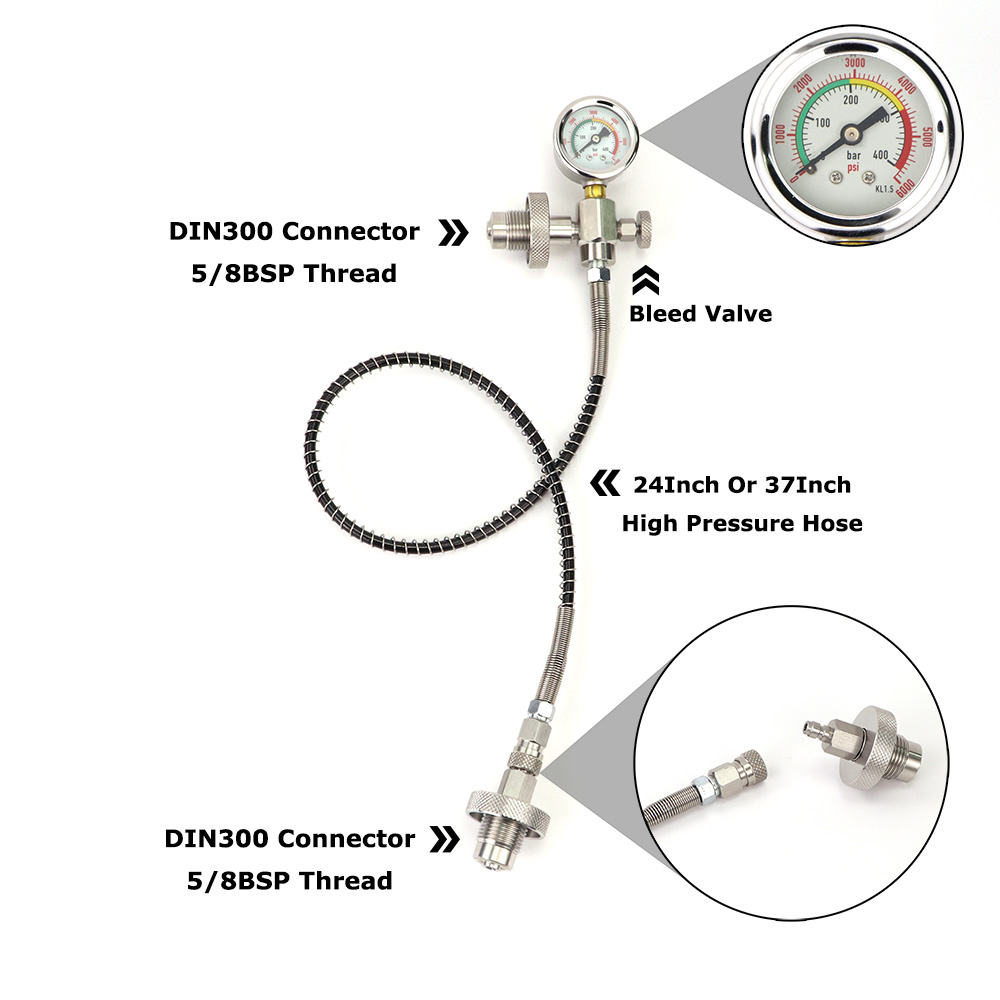 Diving Scuba Din300 Cylinder Decanting Equalising Pressure With Quick Disconnect Hose+Pressure Gauge - 232Bar and  300Bar
