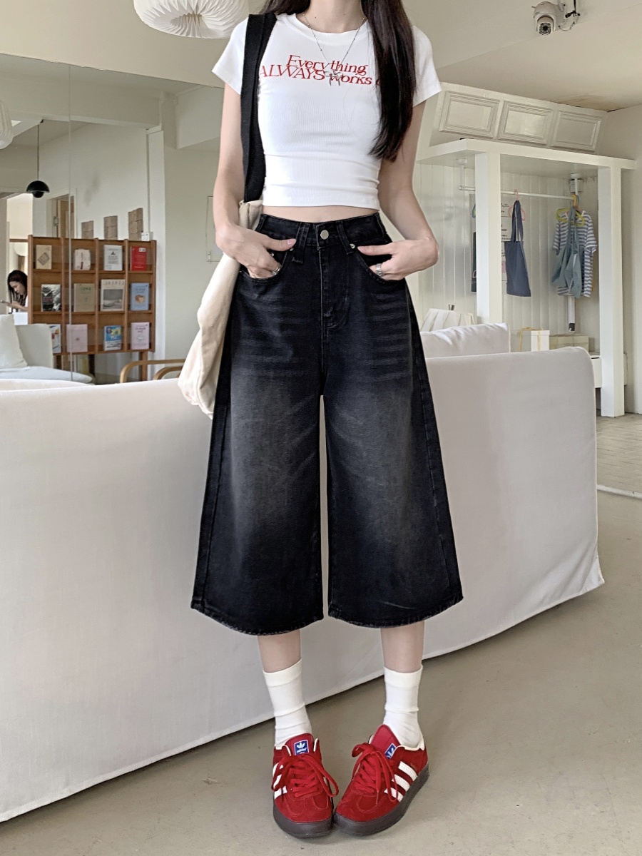 American Sle Loose Fit Straight Leg High Waist Denim orts for Women Summer Slimming Wide Leg Pants Deep Bla